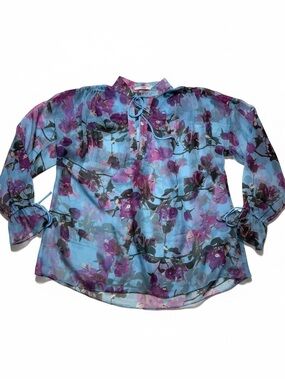 A. Cult Blue Floral Sheer Tie Neck Blouse Boho Fairycore Y2K Peasant Top 40